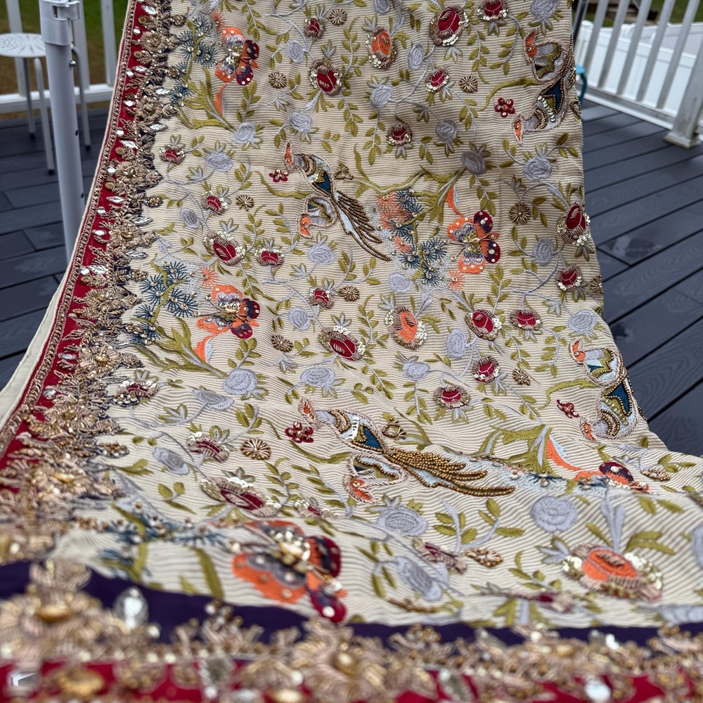 Embroidered Floral Fabric with Red and Gold Accents